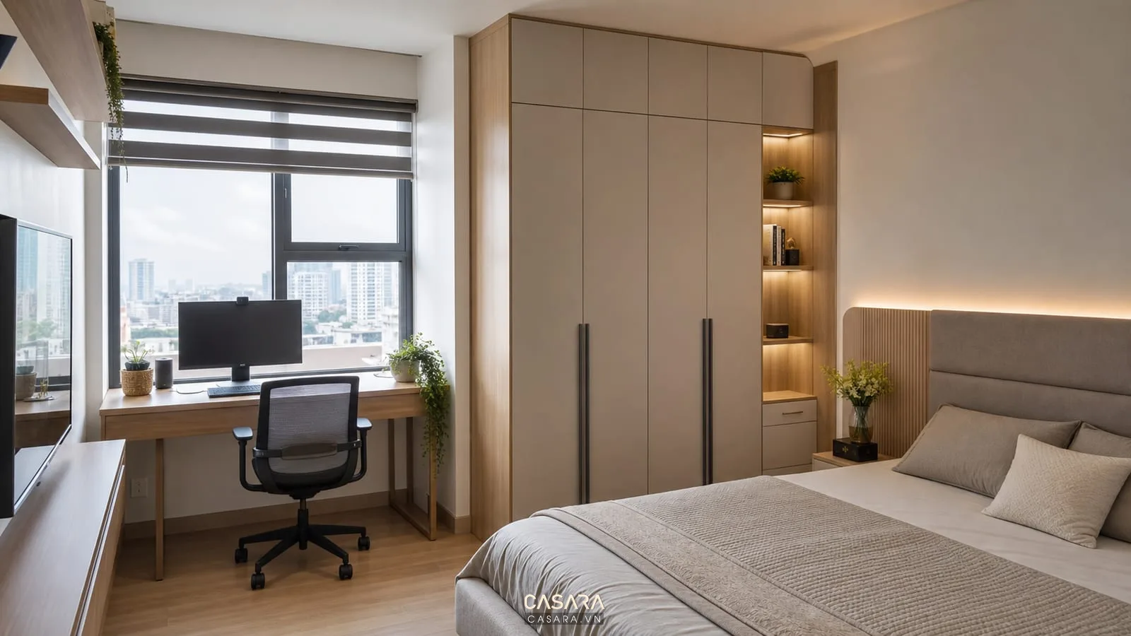 Phòng ngủ chung cư 68m2 có bàn làm việc nhỏ cạnh cửa sổ và tủ áo kịch trần