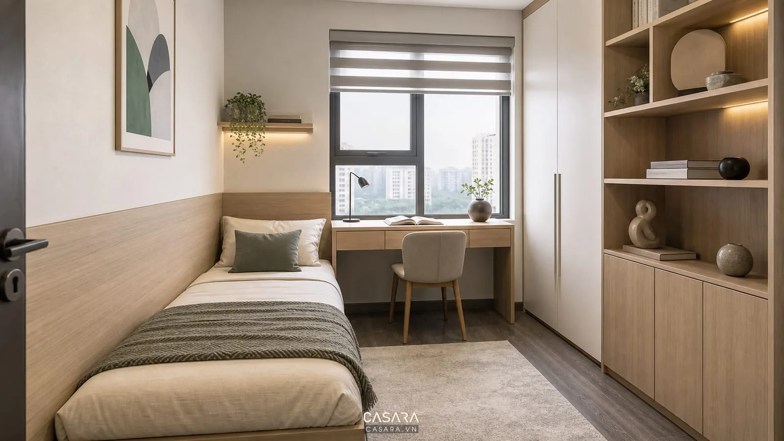 Phòng ngủ phụ trong thiết kế chung cư 68m2 với giường đơn bàn học và tủ áo nhỏ