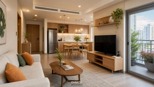 Phòng khách liền bếp trong căn hộ 70m2 với sofa sáng màu, bàn ăn gỗ và ban công lớn