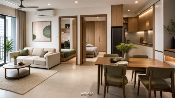 Phòng khách liên bếp sáng thoáng trong căn hộ 70m2 có hai phòng ngủ
