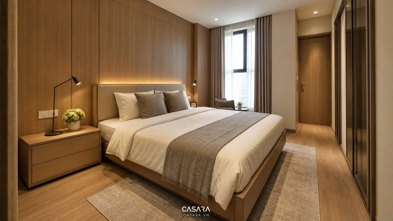 Phòng ngủ thiết kế chung cư 70m2 với giường đầu giường gỗ và lối đi thoáng