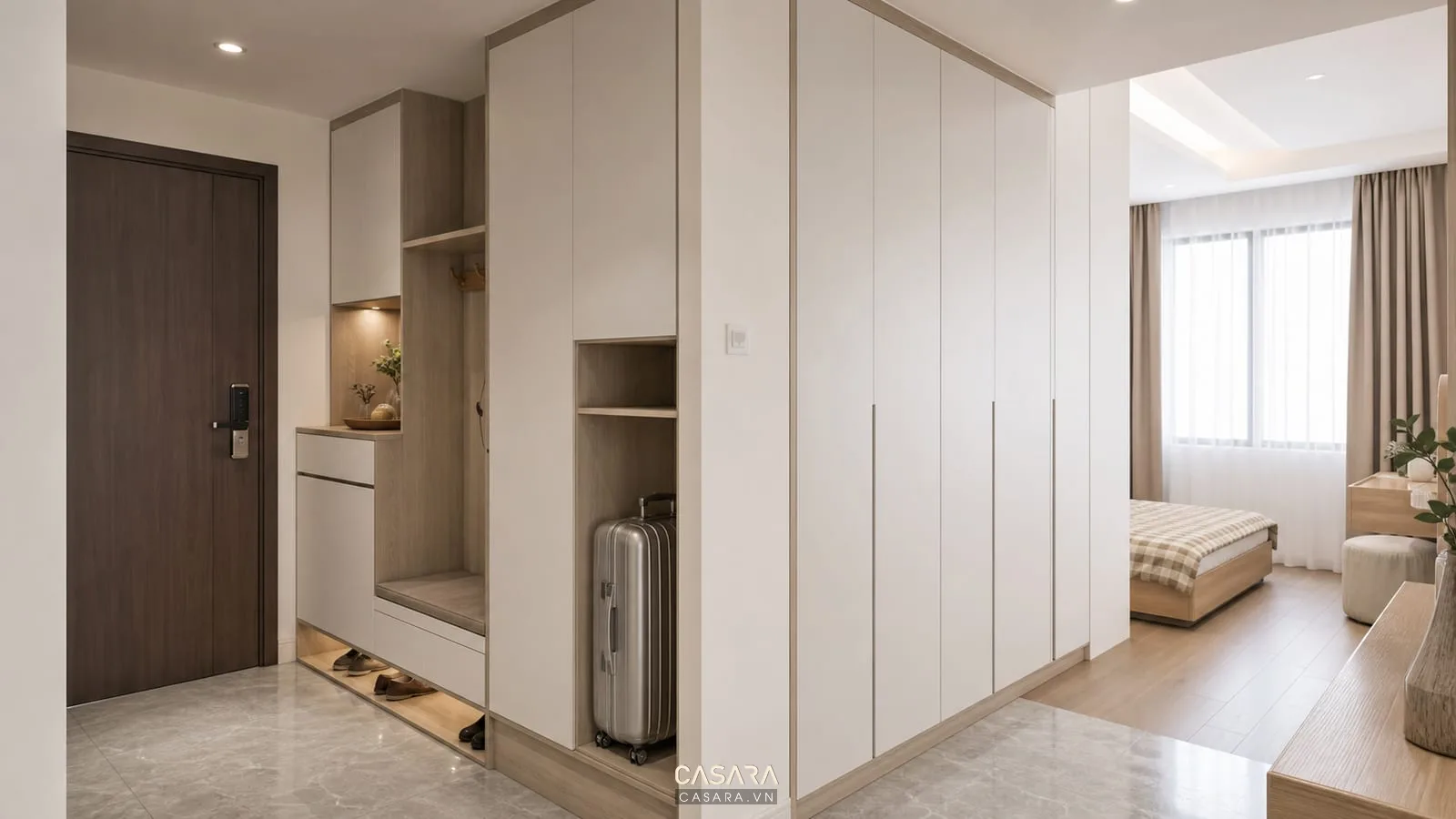 Hệ tủ thiết kế chung cư 70m2 với tủ áo tủ giày và tủ hành lang