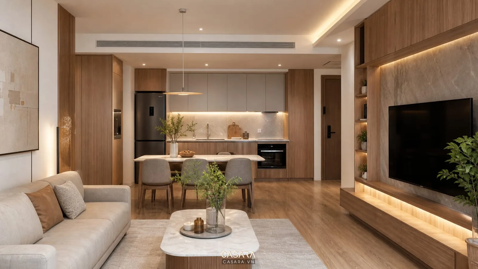 Thiết kế chung cư 70m2 phong cách luxury hiện đại với phòng khách bếp gọn
