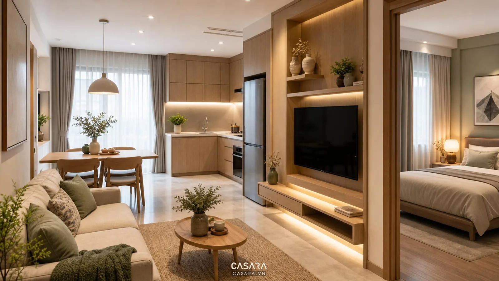 Ánh sáng thiết kế chung cư 70m2 với phòng ngủ phòng khách bếp và đèn bàn ăn