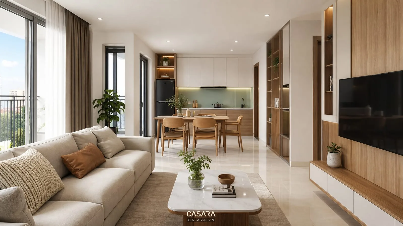 Thiết kế chung cư 70m2 3 phòng ngủ với phòng khách liên thông bếp ăn hiện đại