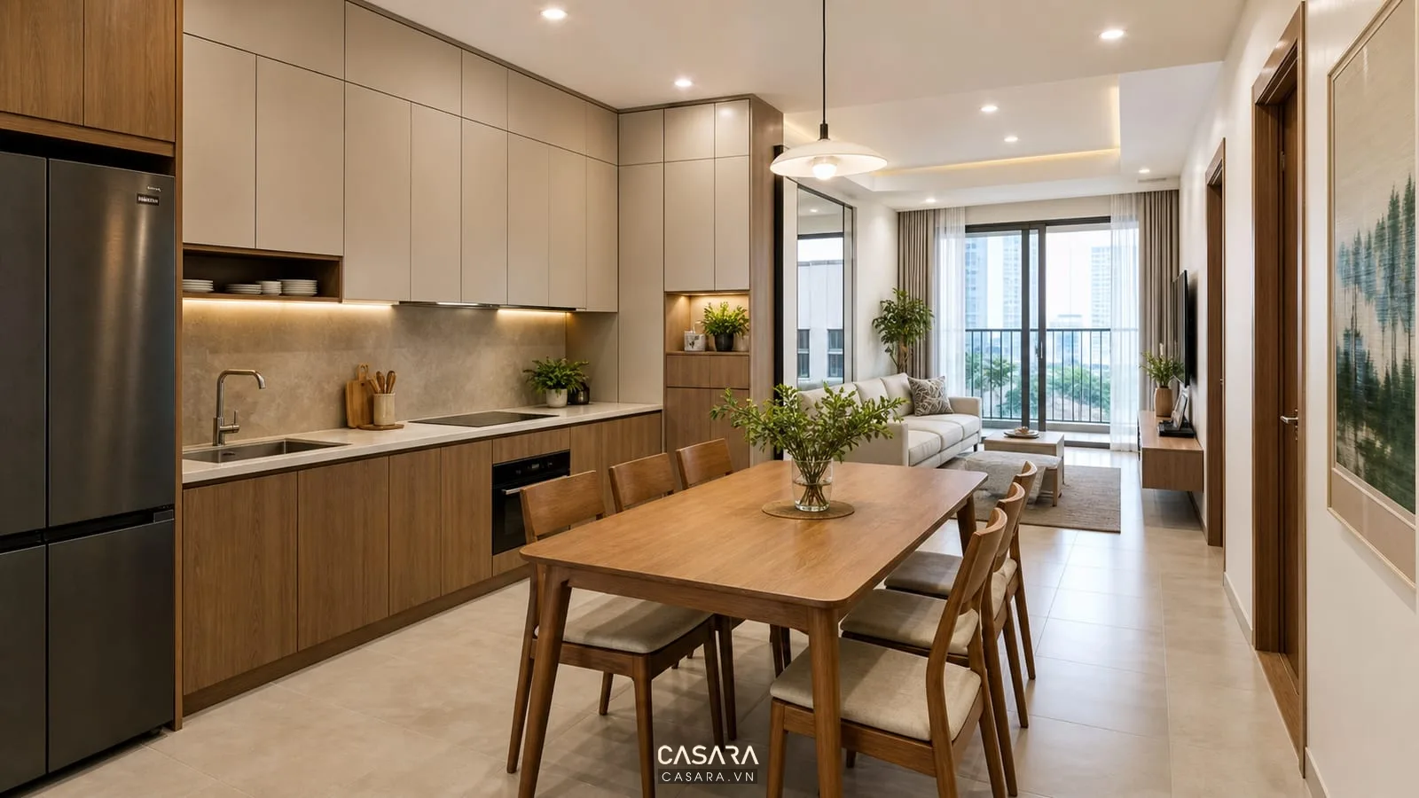 Bếp chữ L và bàn ăn trong thiết kế chung cư 70m2 3 phòng ngủ