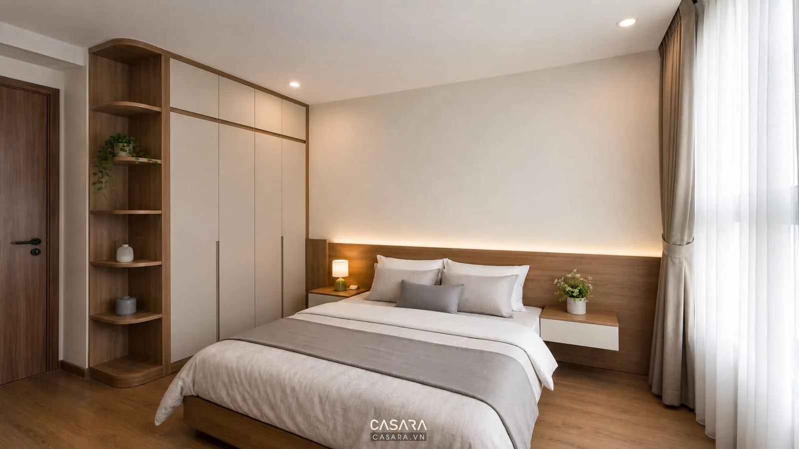 Phòng ngủ chính có giường và tủ áo trong thiết kế chung cư 70m2 3 phòng ngủ