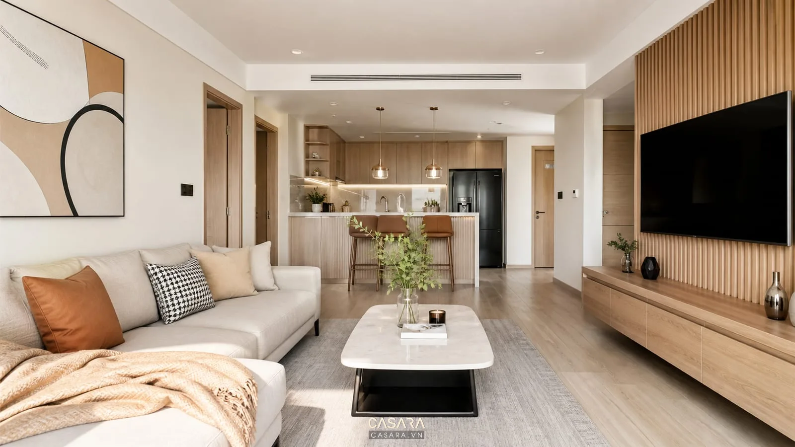 Thiết kế phòng khách chung cư 70m2 đẹp với sofa và bếp mở