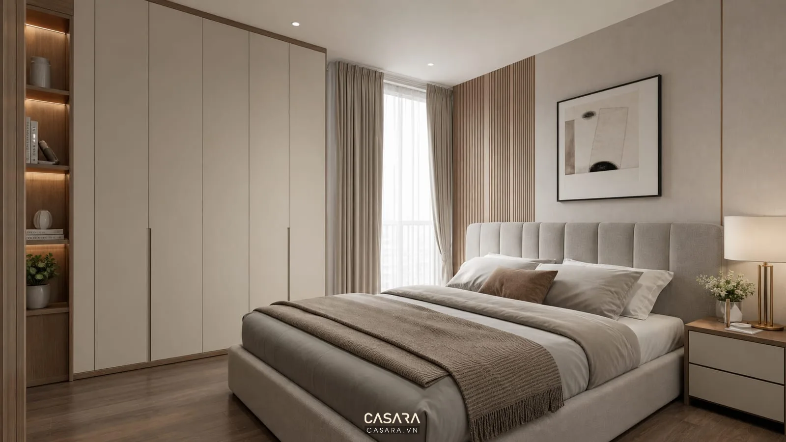 Phòng ngủ chung cư 70m2 đẹp với giường và tủ áo gọn