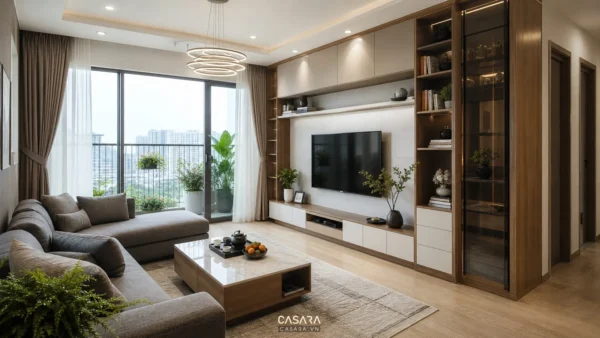 phòng khách trong thiết kế chung cư 72m2 hiện đại