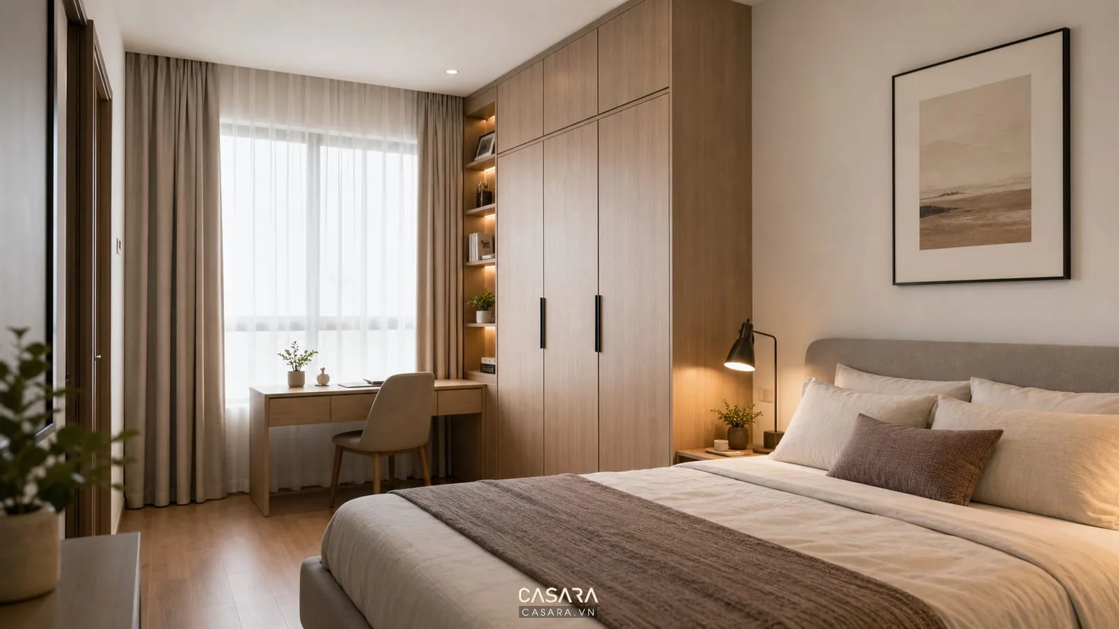 phòng ngủ trong thiết kế chung cư 72m2 có tủ áo và bàn làm việc