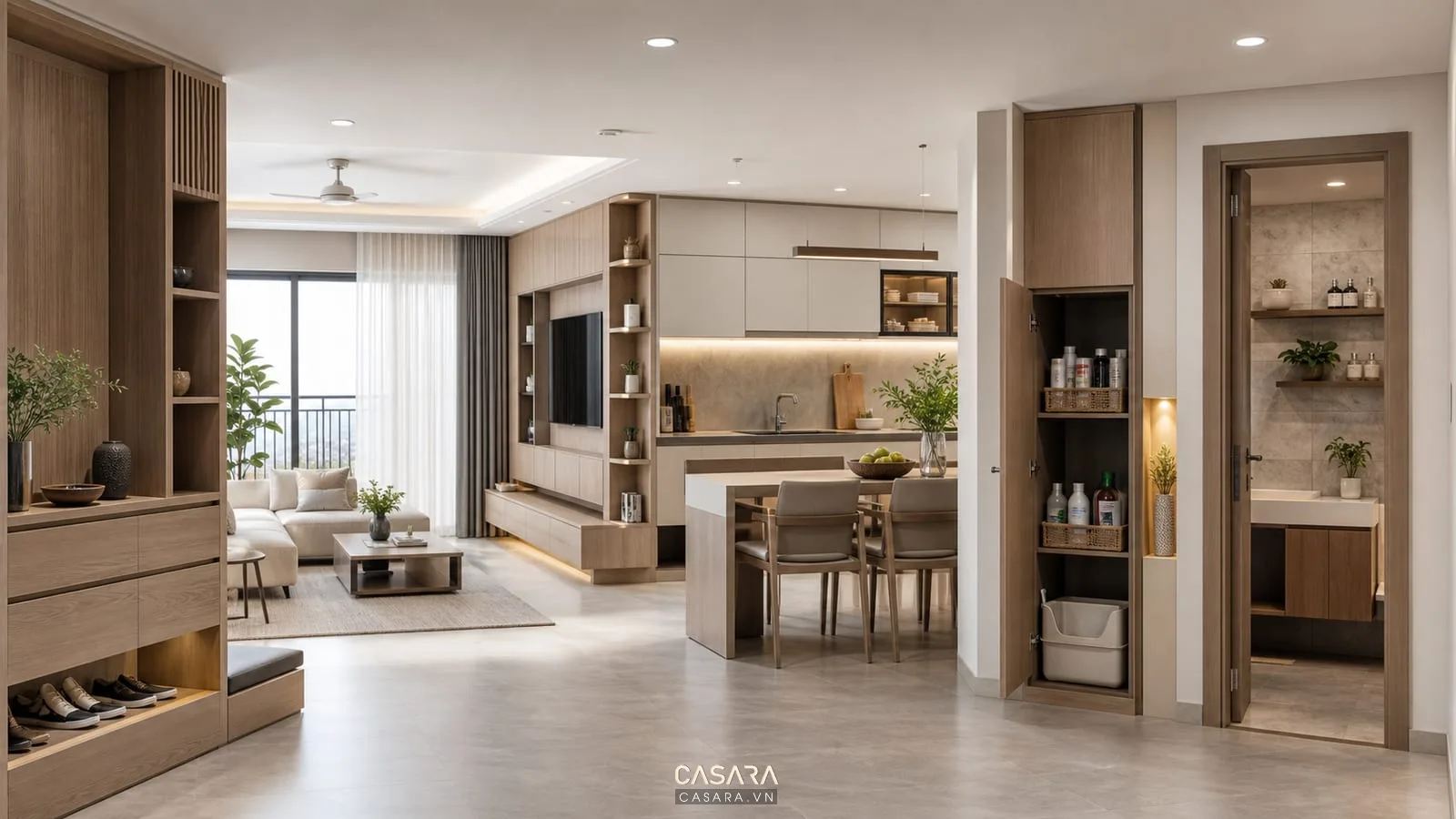 hệ tủ lưu trữ trong thiết kế chung cư 72m2