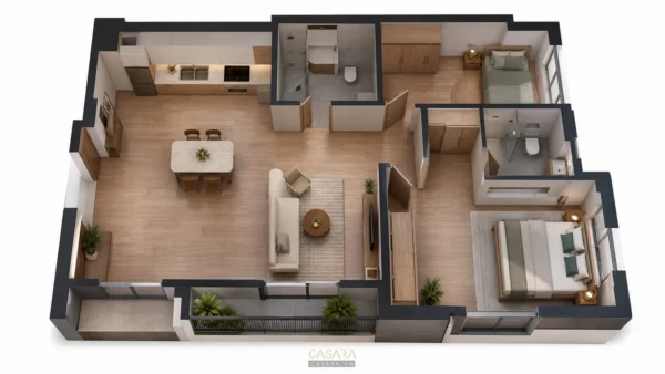 Mặt bằng 3D căn hộ 75m2 gồm phòng khách liền bếp, hai phòng ngủ và hai phòng vệ sinh