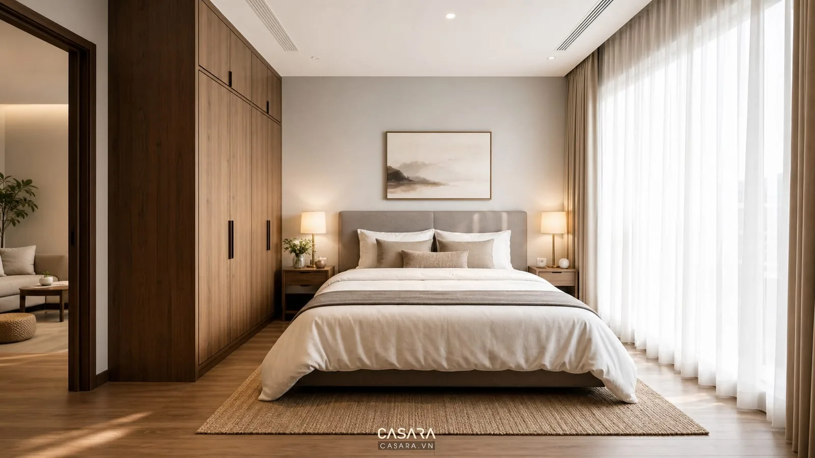 Phòng ngủ chính chung cư 75m2 có giường đôi tủ áo kịch trần và lối đi hai bên giường