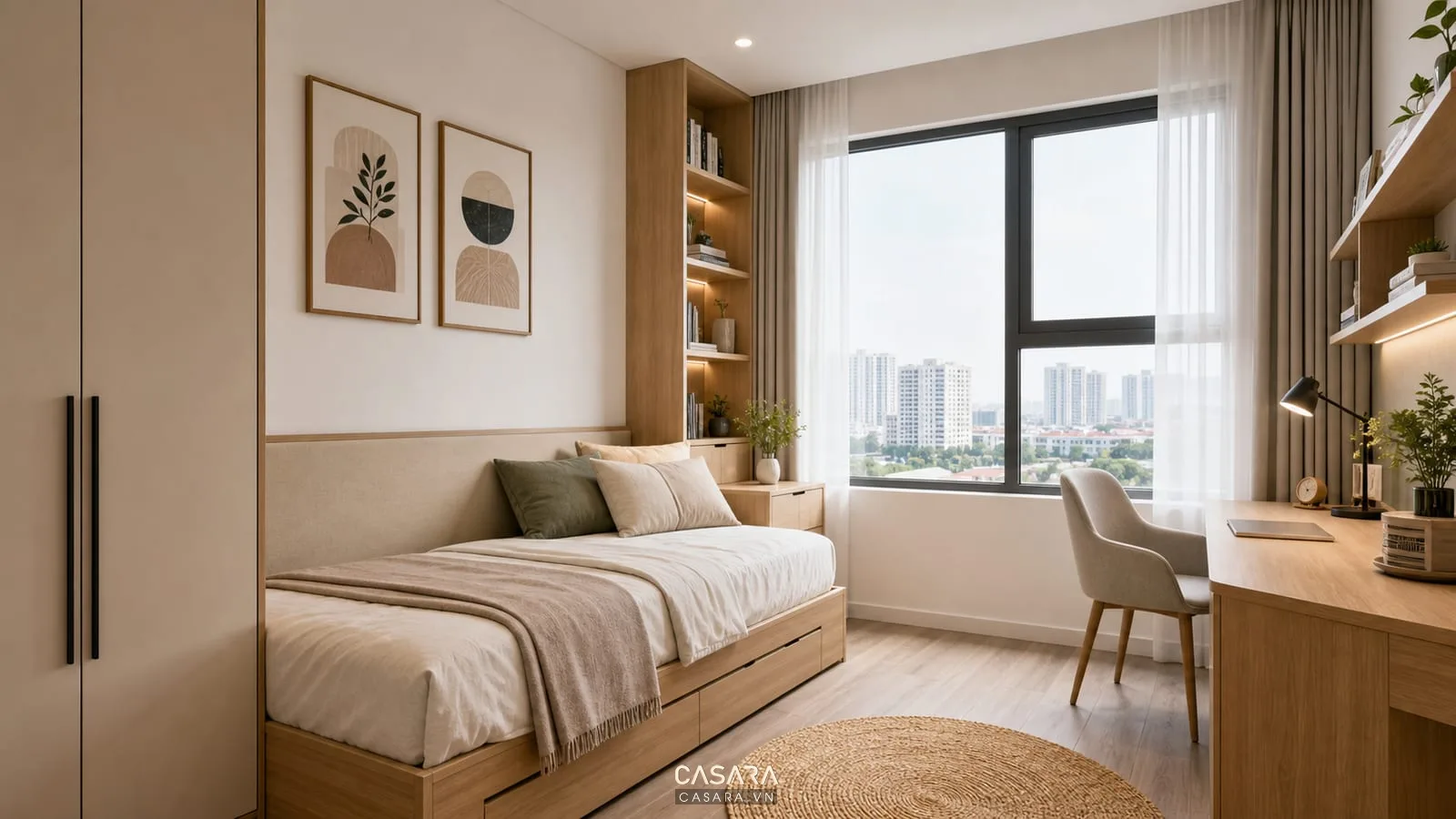 Phòng ngủ phụ chung cư 75m2 với giường đơn bàn học tủ áo nhỏ và kệ sách