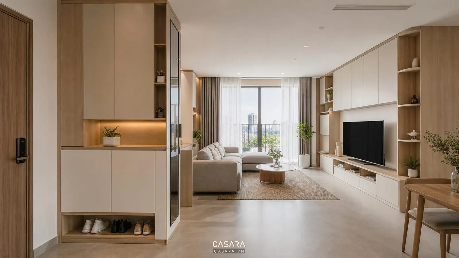 Hệ tủ lưu trữ trong thiết kế chung cư 75m2 với tủ giày tủ tivi và tủ âm tường