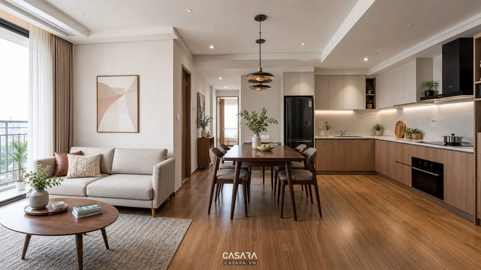 Phòng khách bếp chung cư 75m2 với sofa bàn ăn tủ bếp chữ L và lối đi thông thoáng