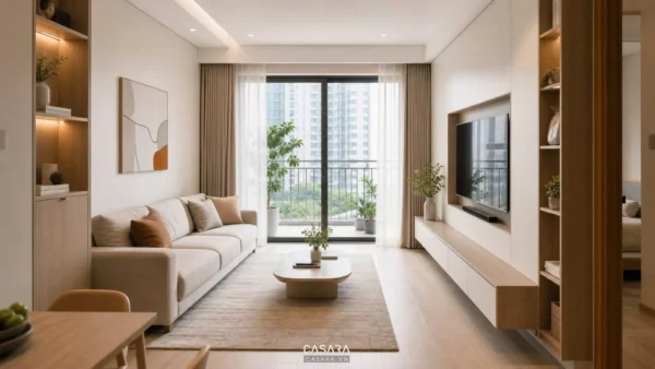 Phòng khách chung cư 76m2 với sofa sáng màu, kệ tivi treo và cửa kính lớn