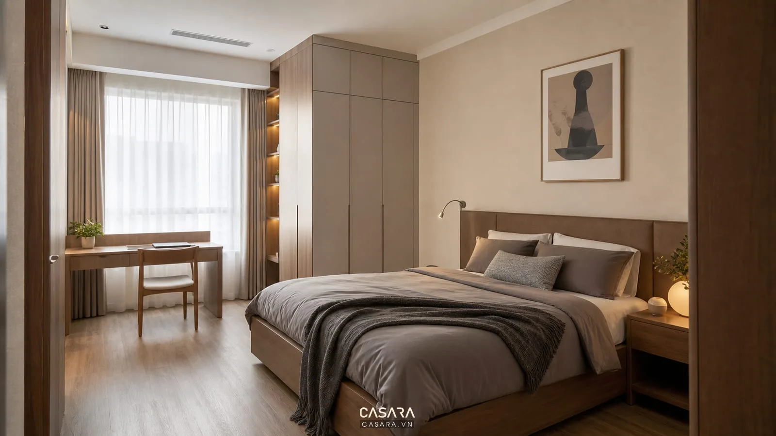 phòng ngủ trong thiết kế chung cư 76m2 với giường, tủ áo và bàn làm việc nhỏ
