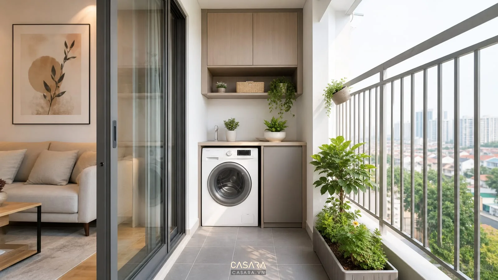 thiết kế logia chung cư 76m2 với máy giặt, tủ phụ và cây xanh nhỏ