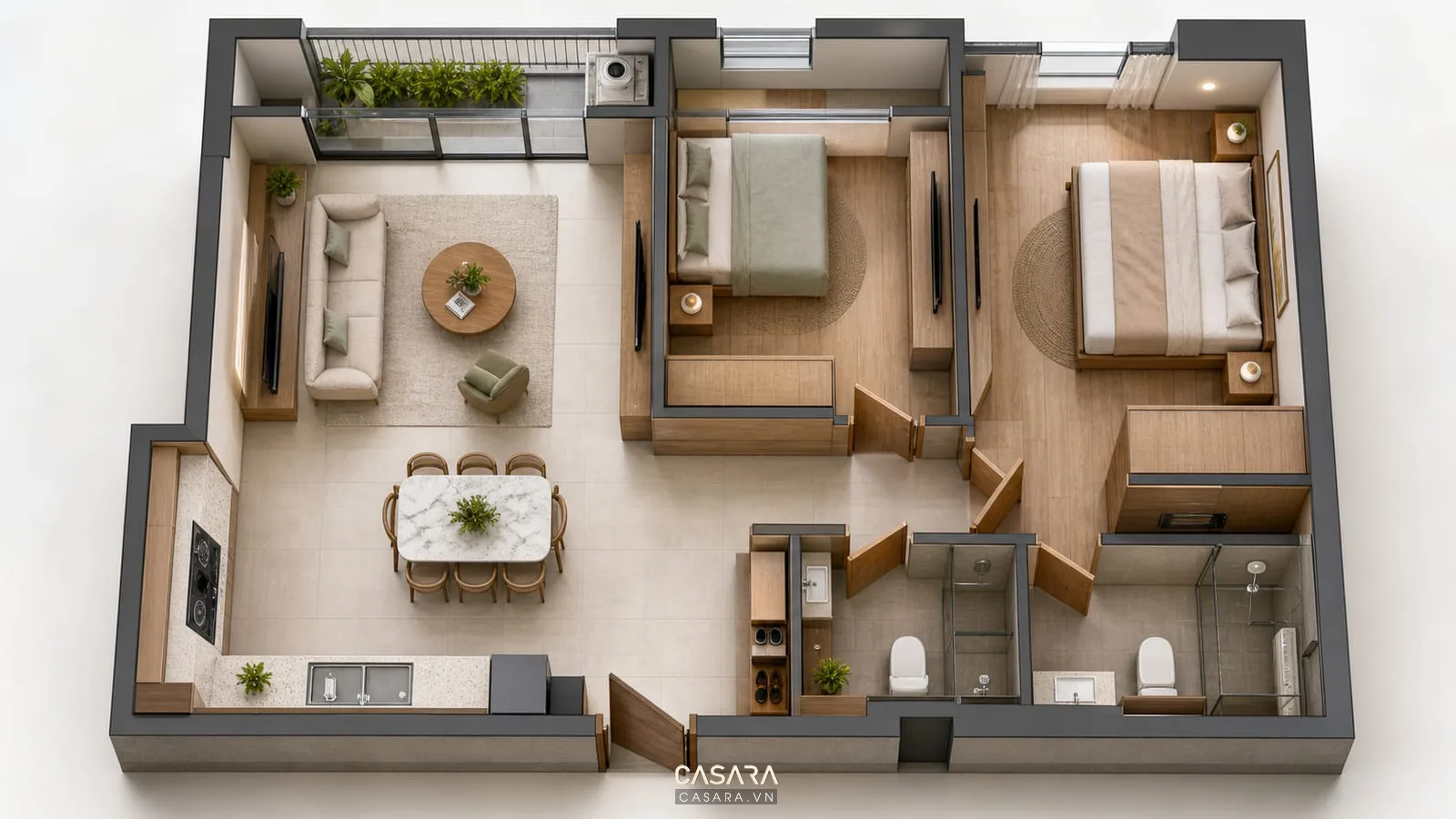 Mặt bằng thiết kế chung cư 77m2 có hai phòng ngủ và lối đi rõ