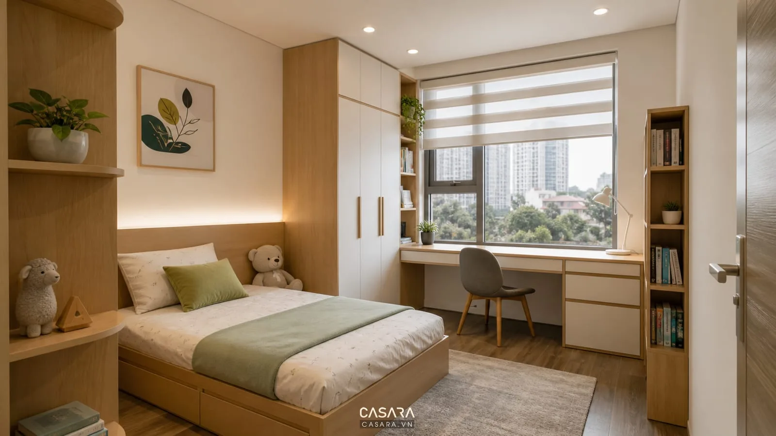 Phòng ngủ phụ trong thiết kế chung cư 77m2 có bàn học và tủ áo