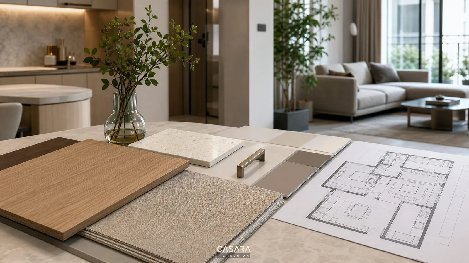 Vật liệu nội thất cho thiết kế chung cư 77m2 gồm gỗ đá vải và kim loại