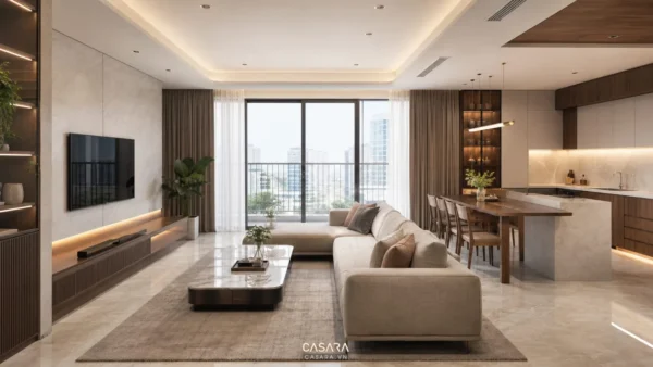 Thiết kế chung cư 90 Nguyễn Tuân với phòng khách bếp mở sofa kệ tivi và nội thất gỗ đá