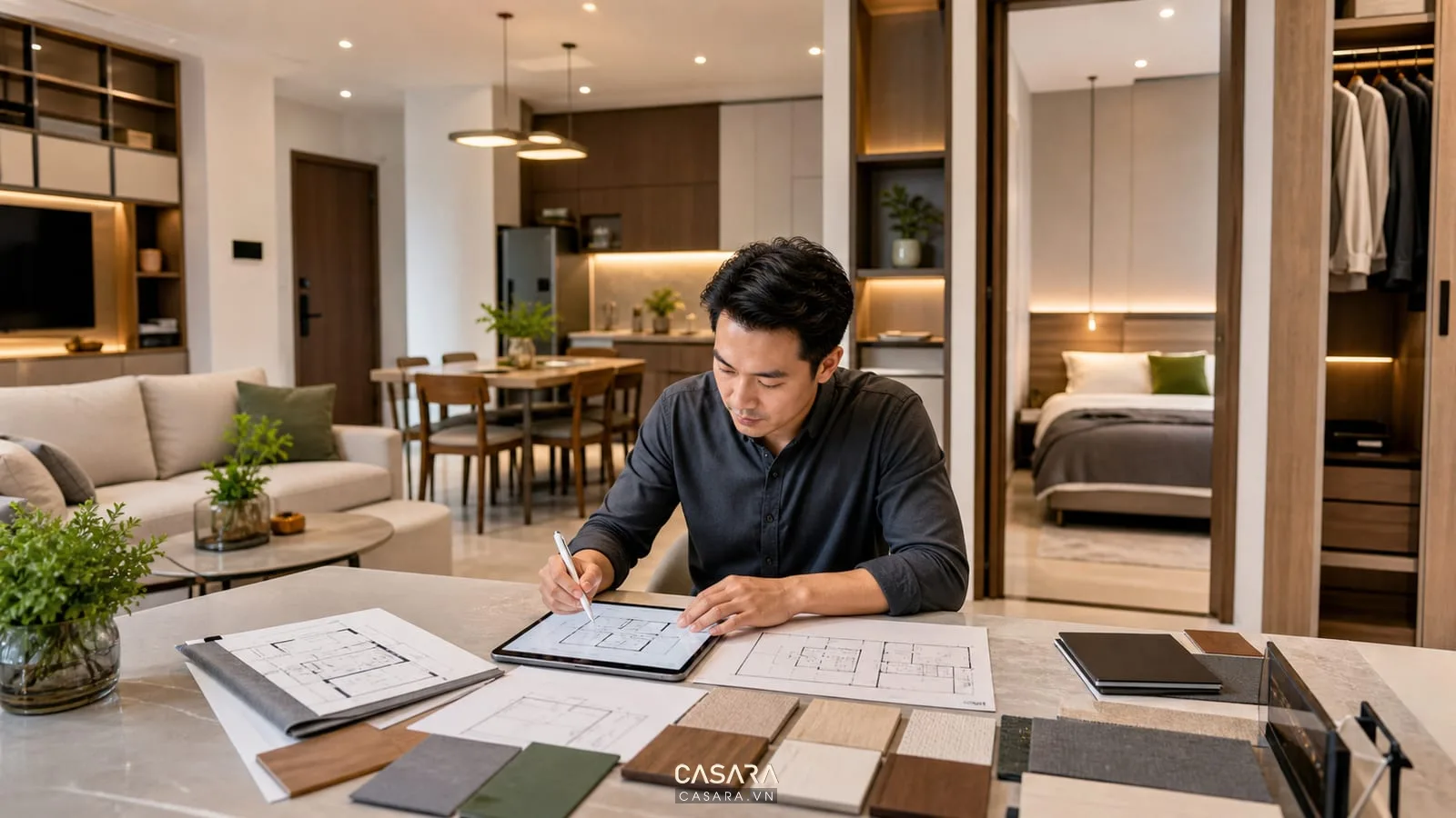 Mặt bằng thiết kế chung cư 90 Nguyễn Tuân với phòng khách bếp phòng ngủ và hệ tủ nội thất