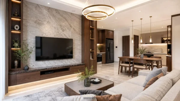 Phòng khách căn hộ liền bếp với vách tivi đá, nội thất gỗ và sofa sáng màu