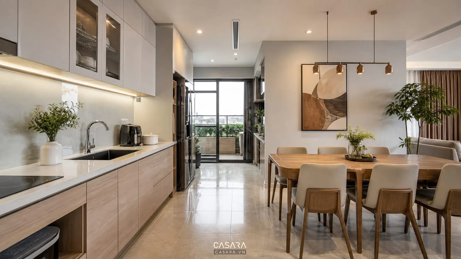 thiết kế chung cư 90m2 bếp và bàn ăn tiện nghi