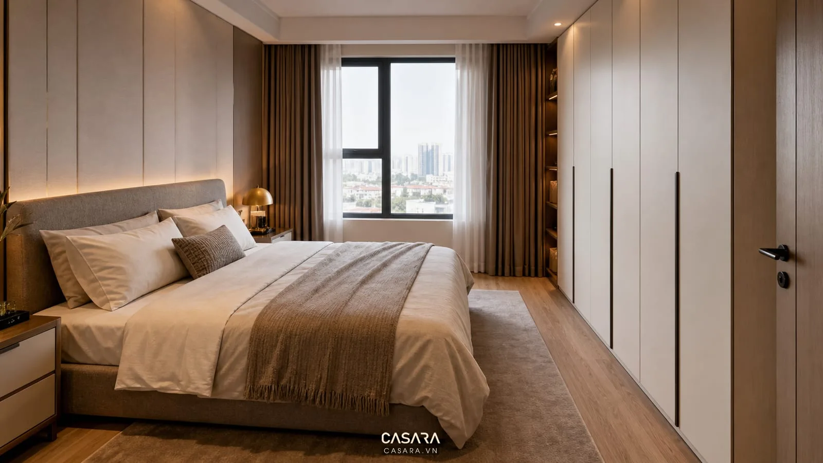 thiết kế chung cư 90m2 phòng ngủ master có tủ áo kịch trần