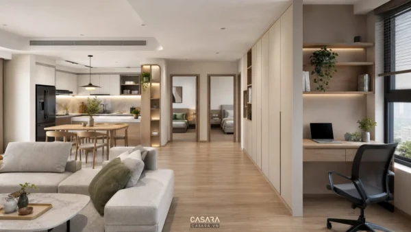 Căn hộ 90m2 có phòng khách, bếp ăn, hai phòng ngủ và góc làm việc cạnh cửa sổ