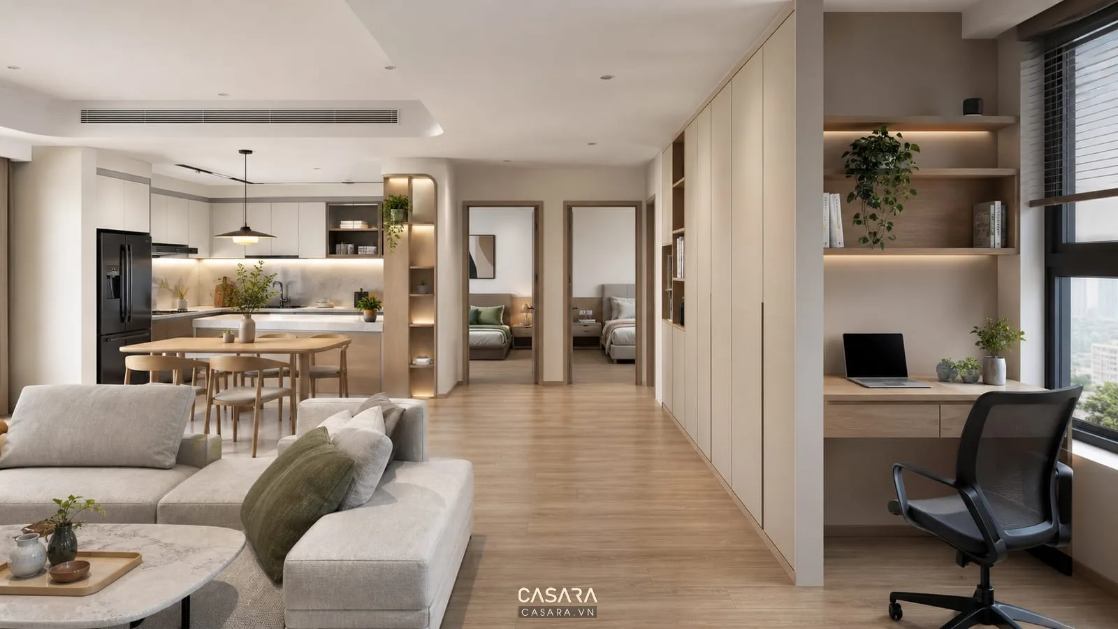 mặt bằng thiết kế chung cư 90m2 có phòng khách bếp và hai phòng ngủ