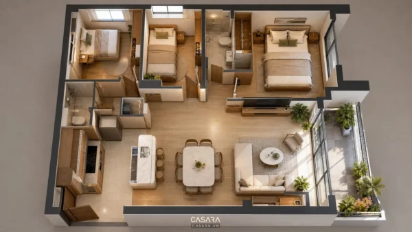 Mặt bằng căn hộ 90m2 với 3 phòng ngủ, phòng khách liền bếp và ban công