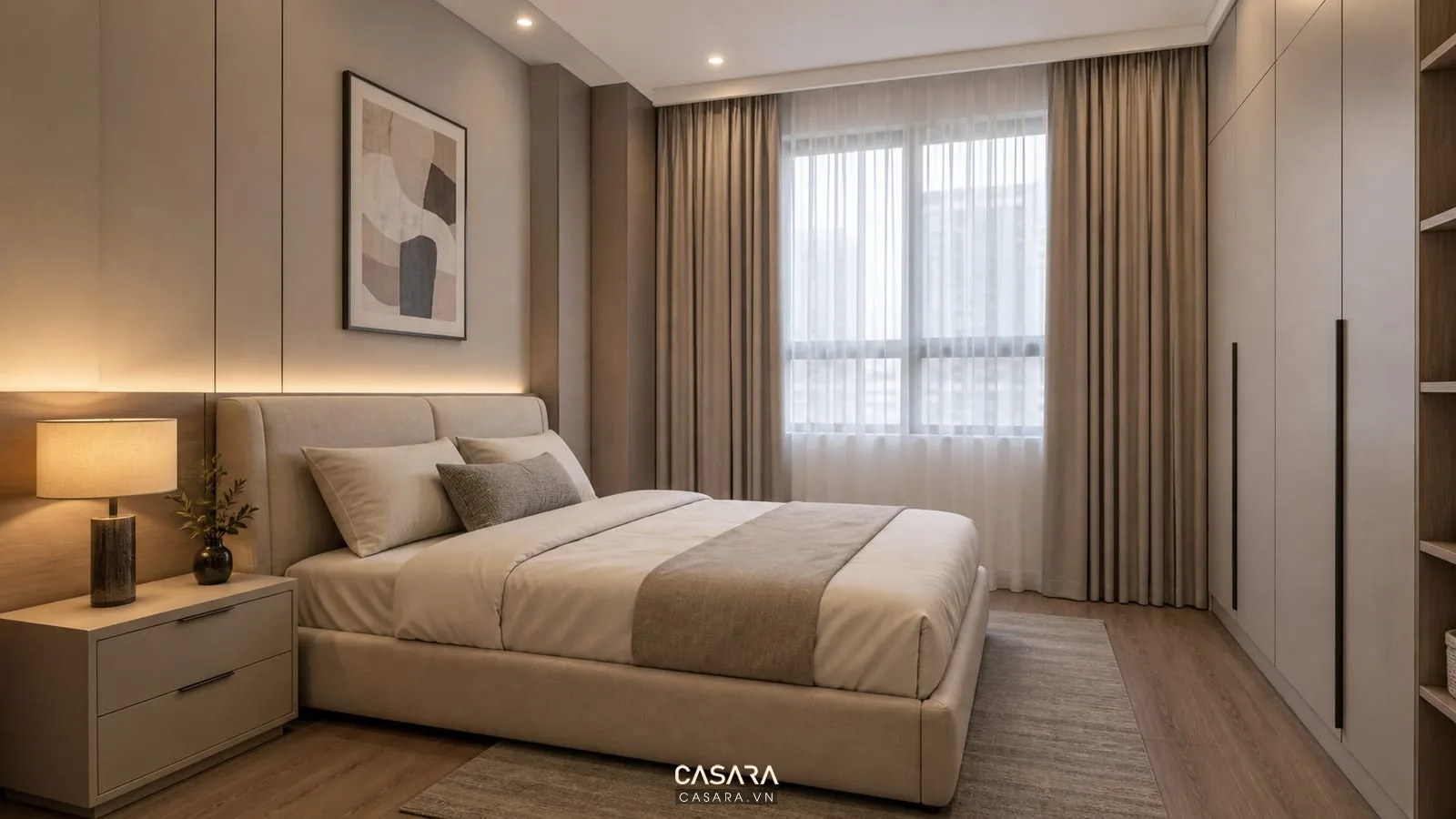 Phòng ngủ master căn hộ chung cư 90m2 3 phòng ngủ với giường và tủ áo kịch trần