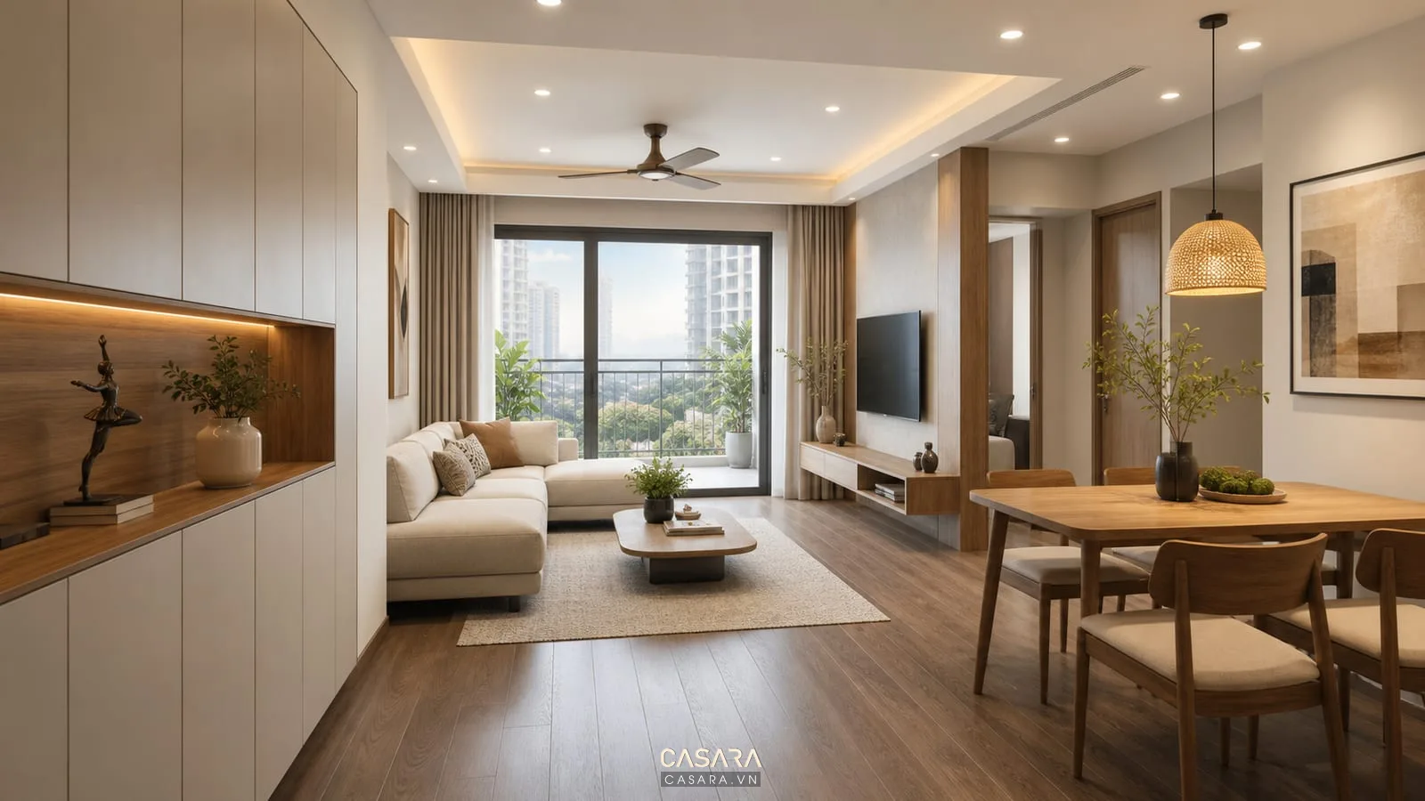 Phòng khách chung cư 90m2 3 phòng ngủ liên thông bàn ăn và ban công