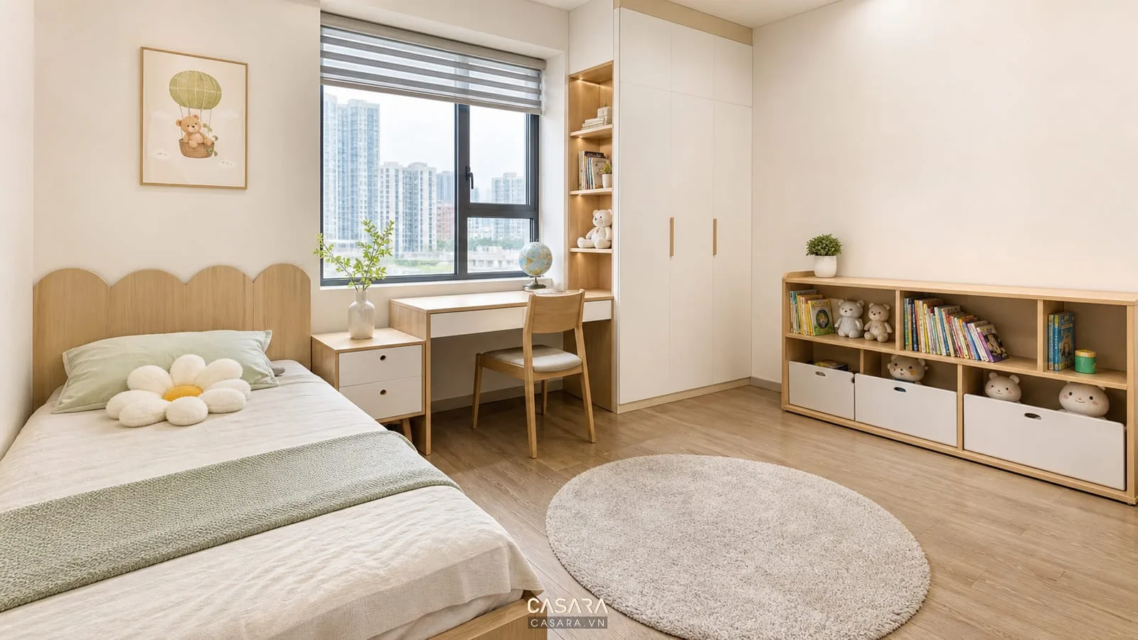 Phòng ngủ trẻ em chung cư 90m2 3 phòng ngủ với bàn học và tủ sách sáng màu