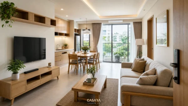 thiết kế chung cư An Bình phòng khách bếp mở hiện đại