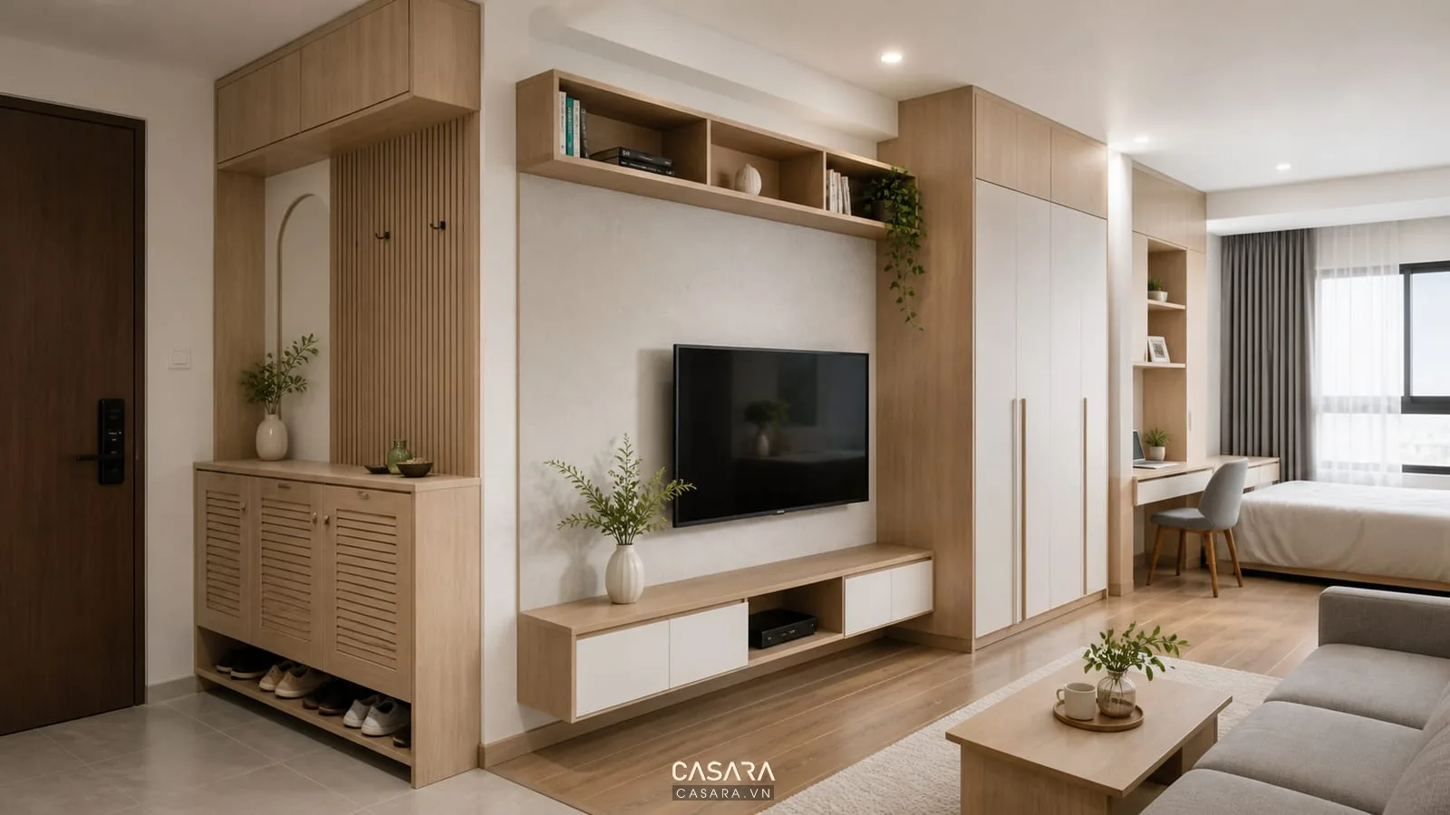hệ tủ trong thiết kế chung cư An Bình gỗ sáng đồng bộ