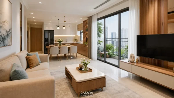 Phòng khách căn hộ nối liền bếp và bàn ăn, có sofa, kệ tivi gỗ và ban công sáng