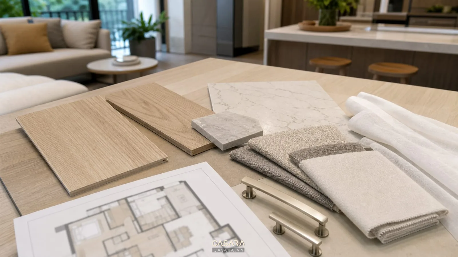 Bảng vật liệu thiết kế chung cư An Bình City với mẫu gỗ, đá, vải sofa, rèm và tay nắm kim loại