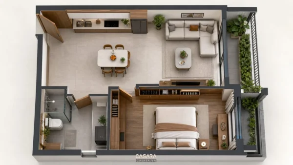 Mặt bằng 3D căn hộ 1 phòng ngủ gồm bếp, bàn ăn, phòng khách, phòng ngủ, vệ sinh và ban công cây xanh