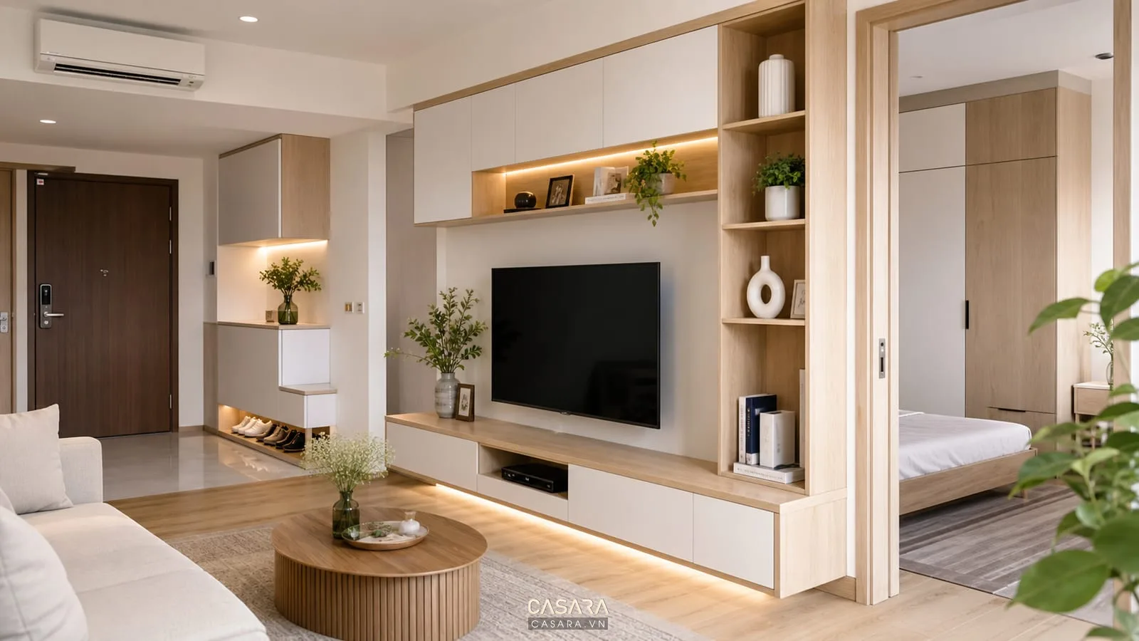 Phòng khách đẹp chung cư theo phong cách contemporary modern với sofa chữ L và kệ tivi phẳng