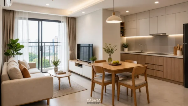 Phòng khách bếp căn hộ chung cư với sofa, bàn ăn gỗ, tủ bếp chữ L và cửa kính ban công