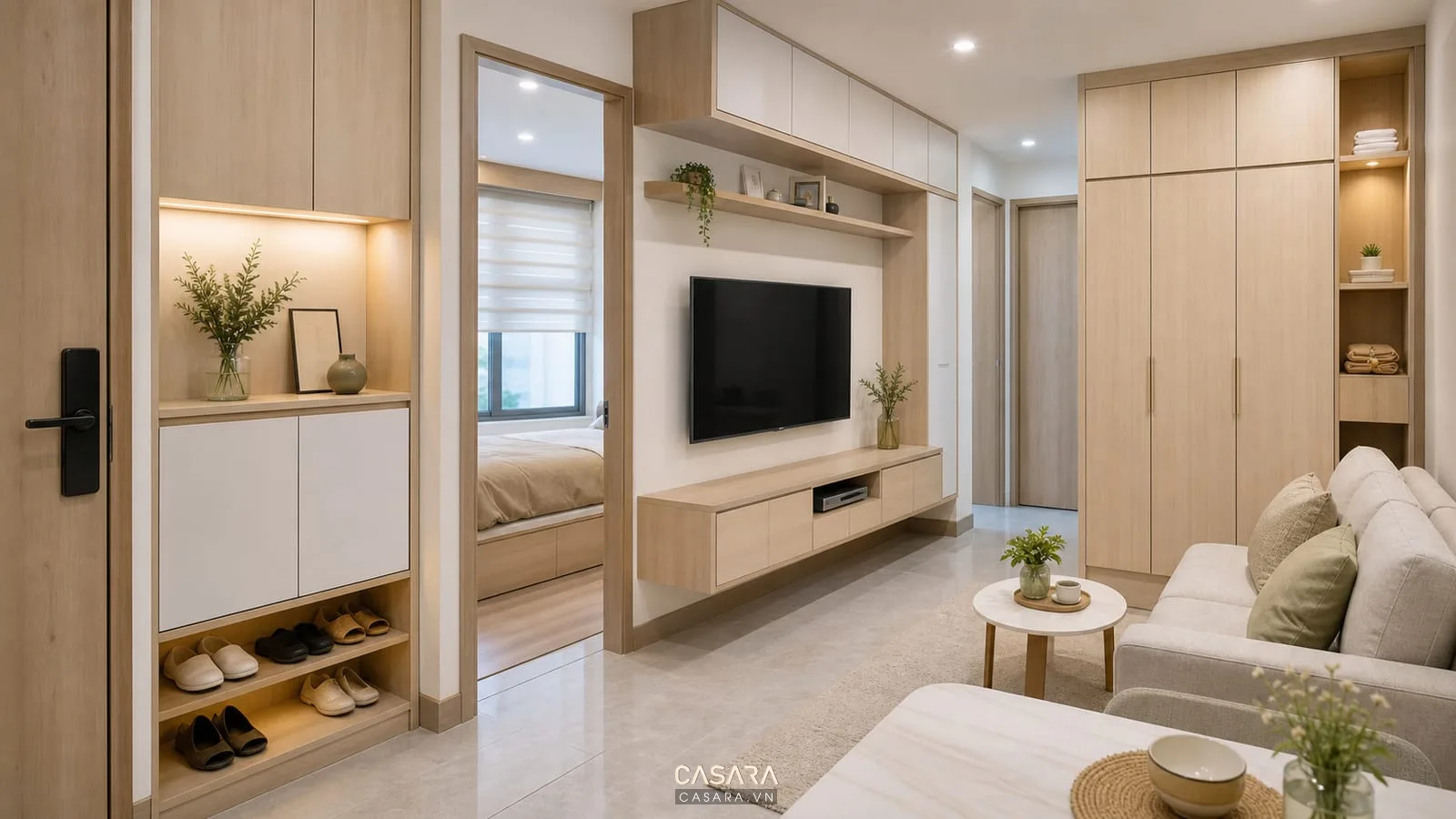 Hệ tủ lưu trữ thiết kế chung cư Bcons với tủ giày tủ tivi và tủ áo kịch trần