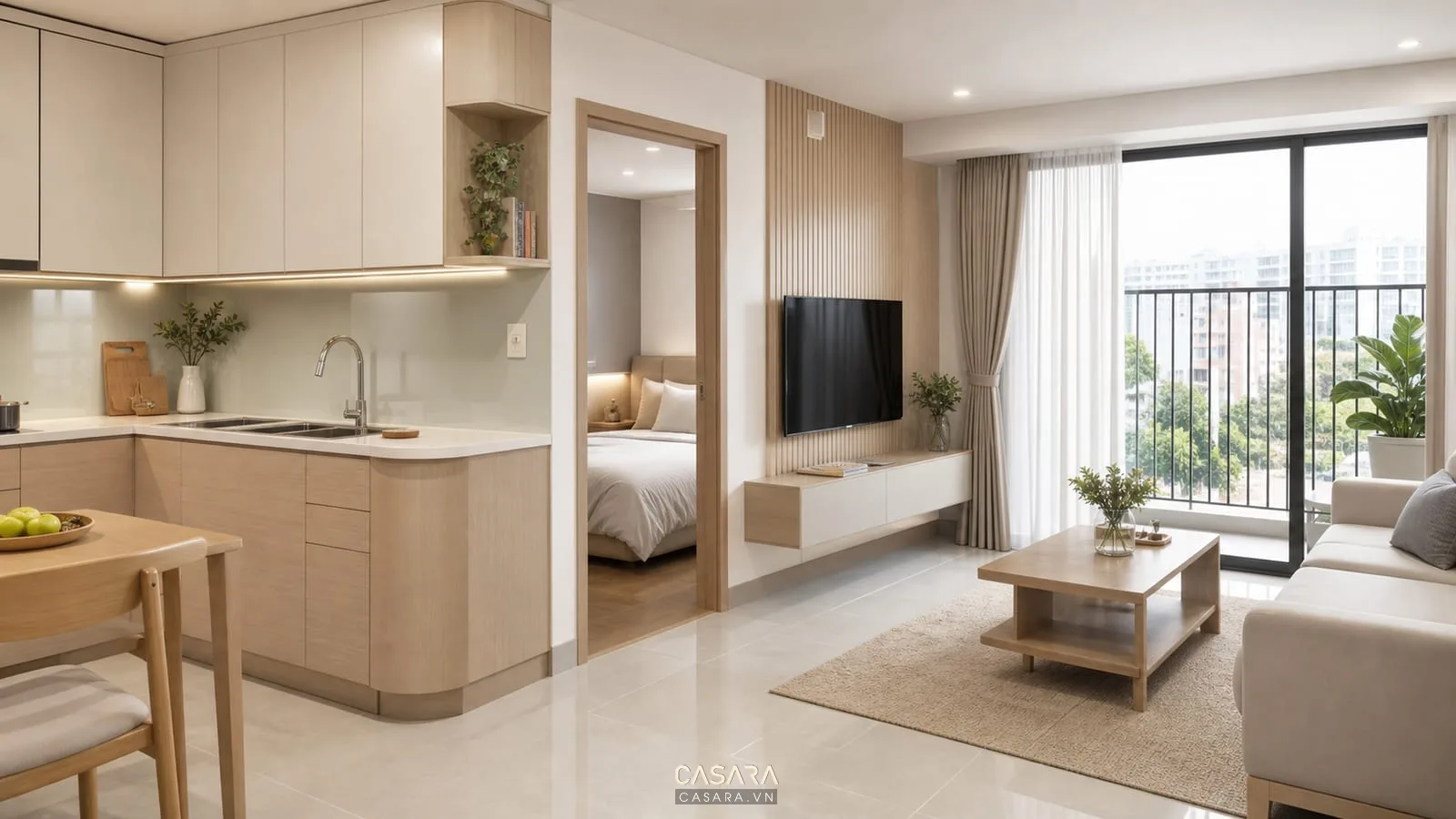 Căn hộ thiết kế chung cư Bcons hoàn thiện với bếp dễ lau tủ phẳng phòng khách sáng và phòng ngủ gọn