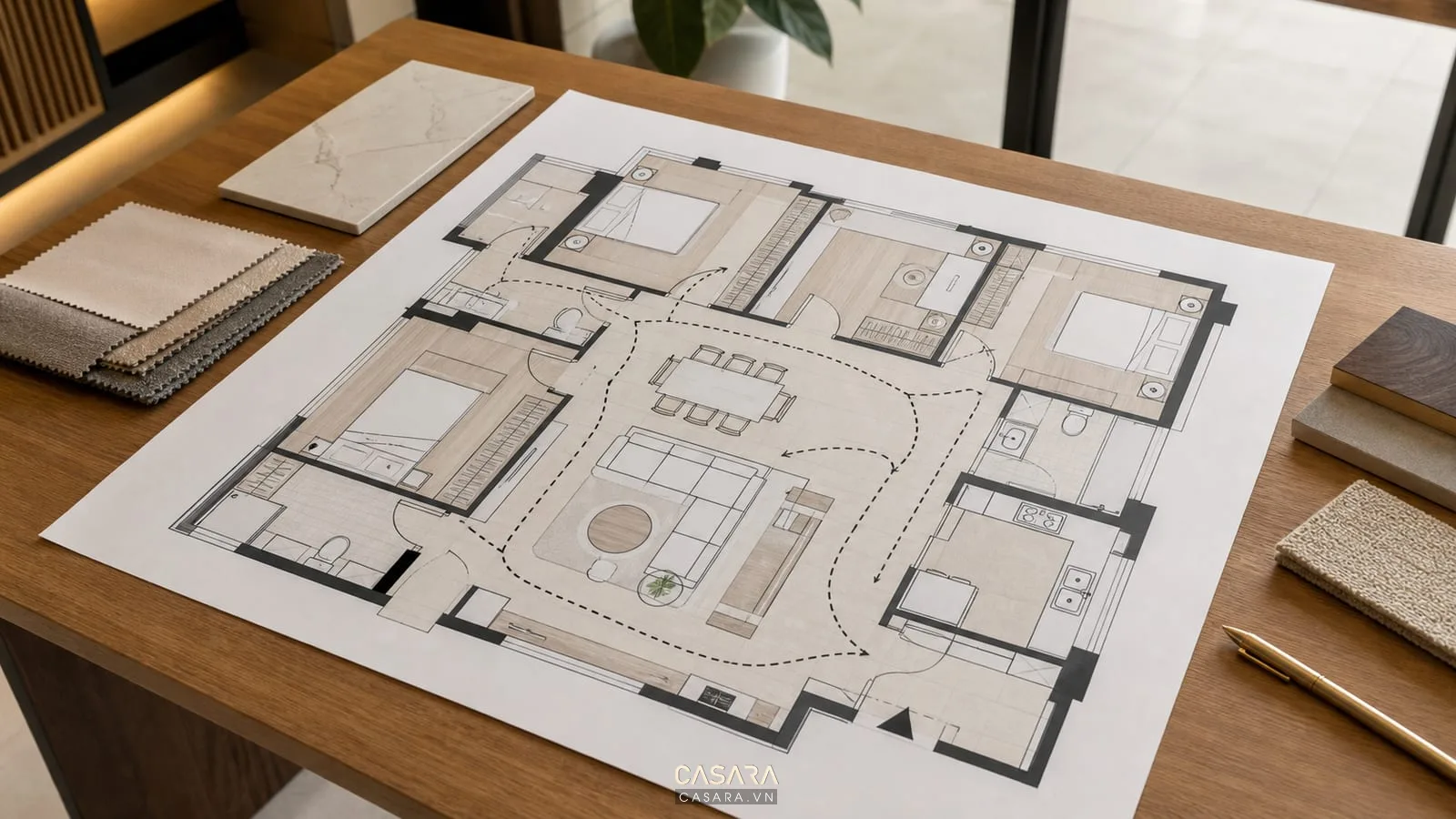 Bản vẽ thiết kế chung cư cao tầng với bố trí phòng khách bếp và phòng ngủ