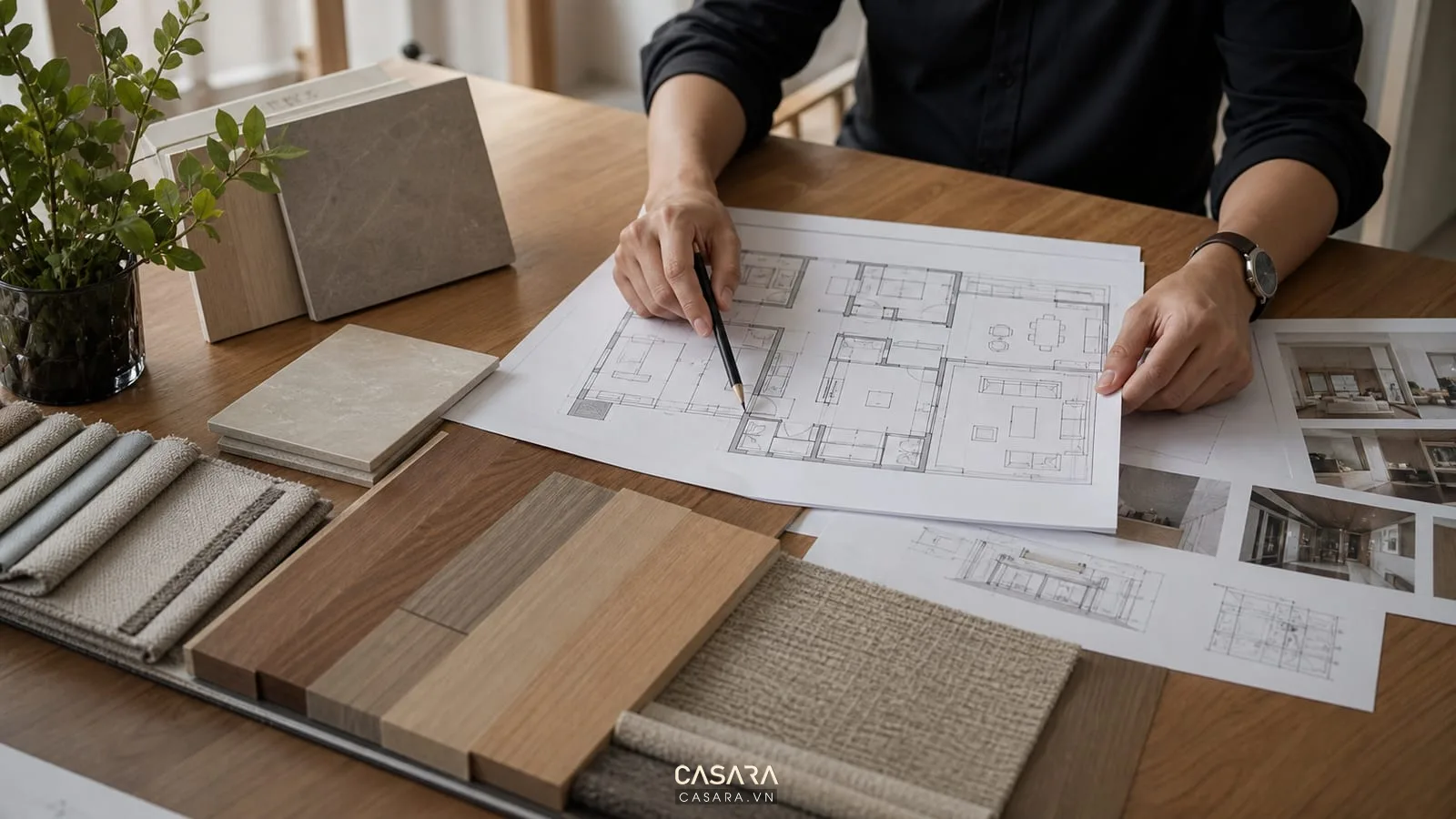 Kiến trúc sư kiểm tra bản vẽ thiết kế chung cư cao tầng và mẫu vật liệu