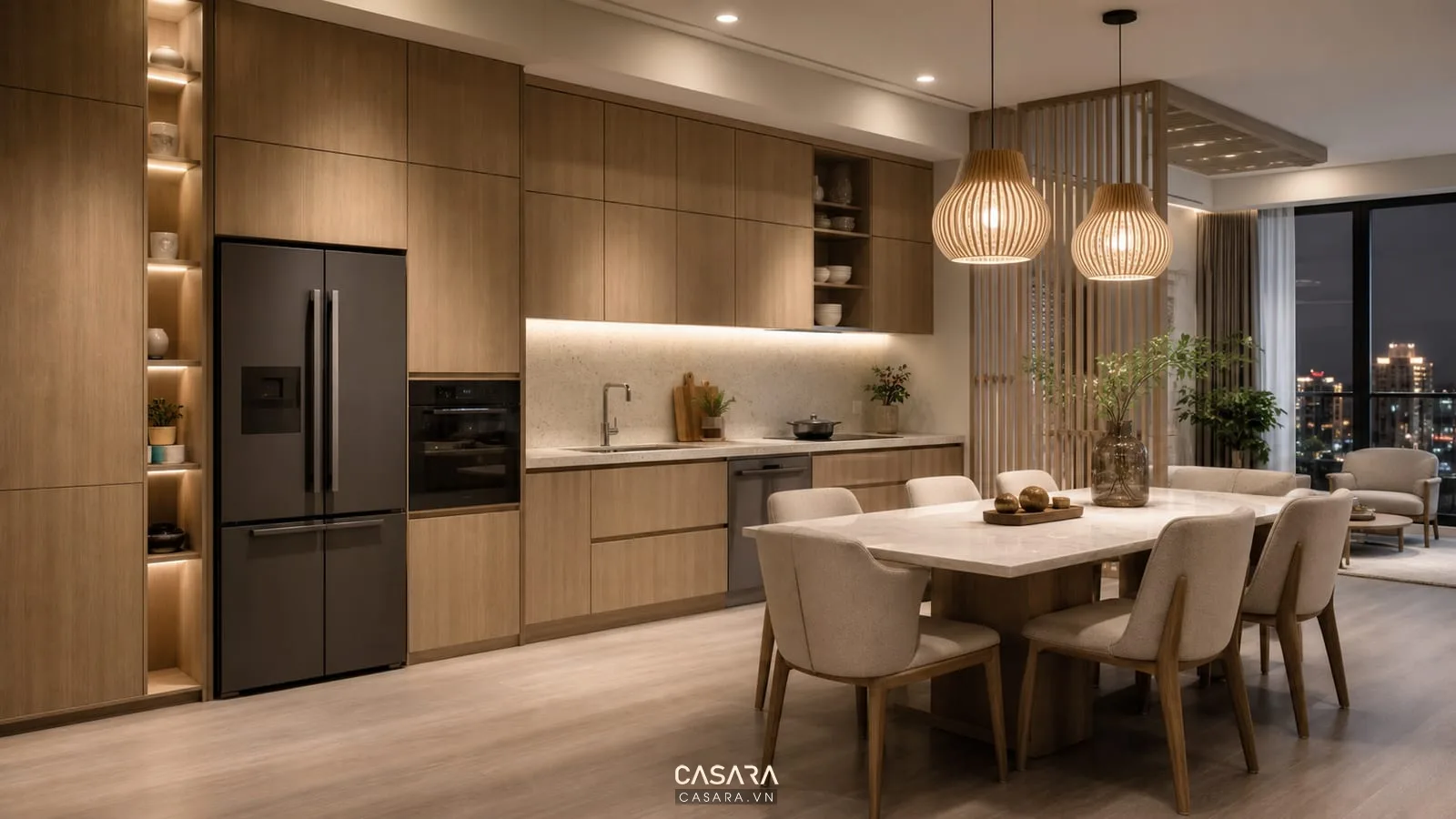 Tủ bếp và bàn ăn trong thiết kế chung cư cao tầng hiện đại